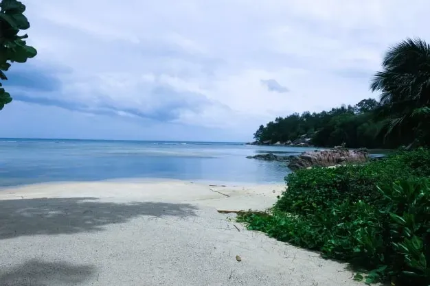Serene beach view at Lyla Beach Villa with clear blue waters, sandy shoreline, and lush tropical greenery, offering an idyllic seaside escape.