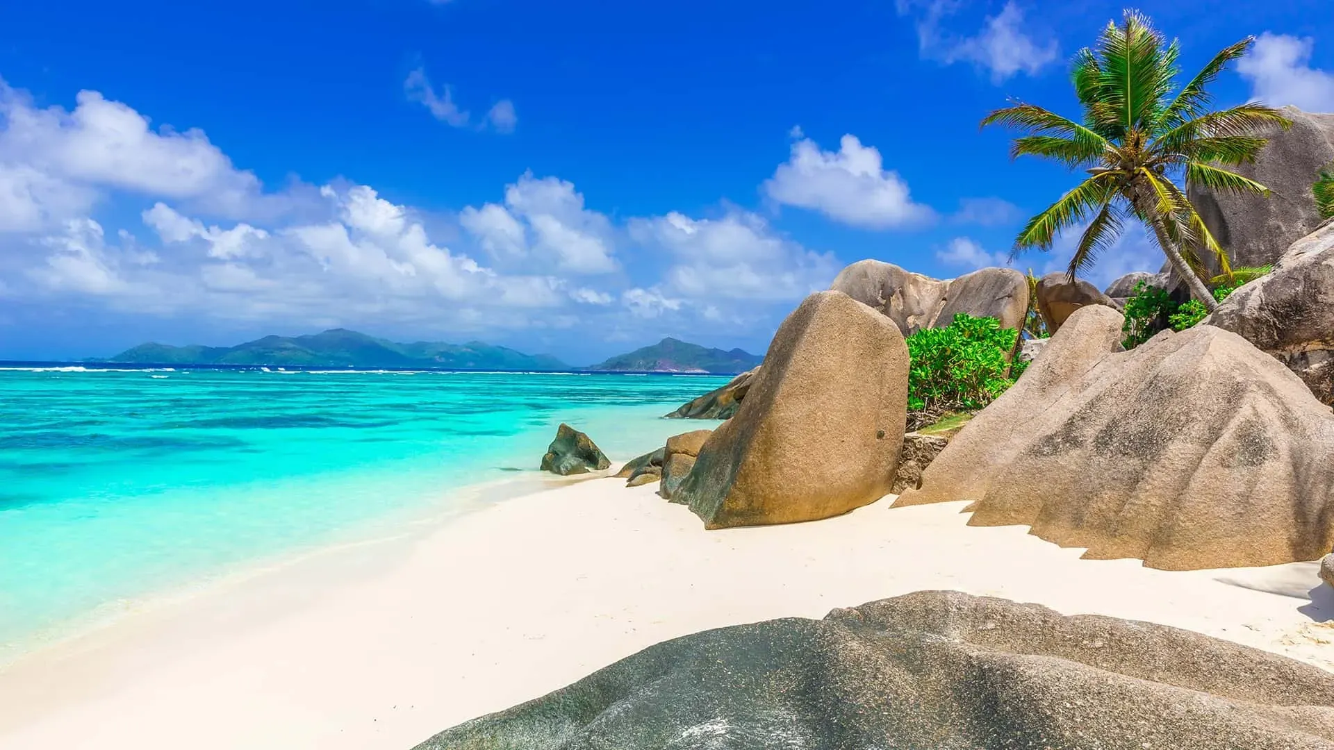 Tranquil beach scene on La Digue with white sand, turquoise waters, large granite rocks, and lush palm trees.