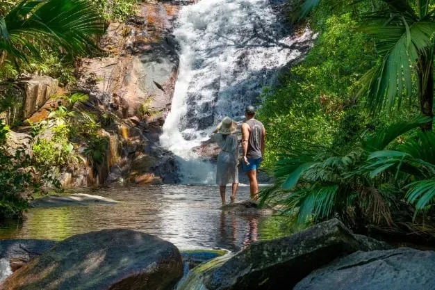 Tropical rainforest waterfall adventure with two people enjoying nature's serenity in a lush, green setting, perfect for eco-friendly vacations and outdoor enthusiasts.